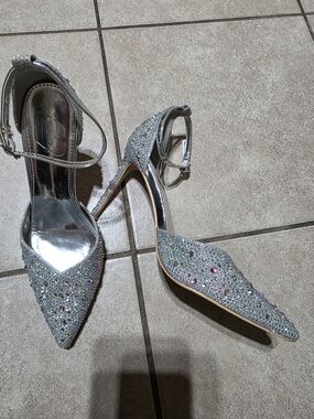Others Follow Silver Crystal-Embellished Pointed-Toe Ankle-Strap Heels